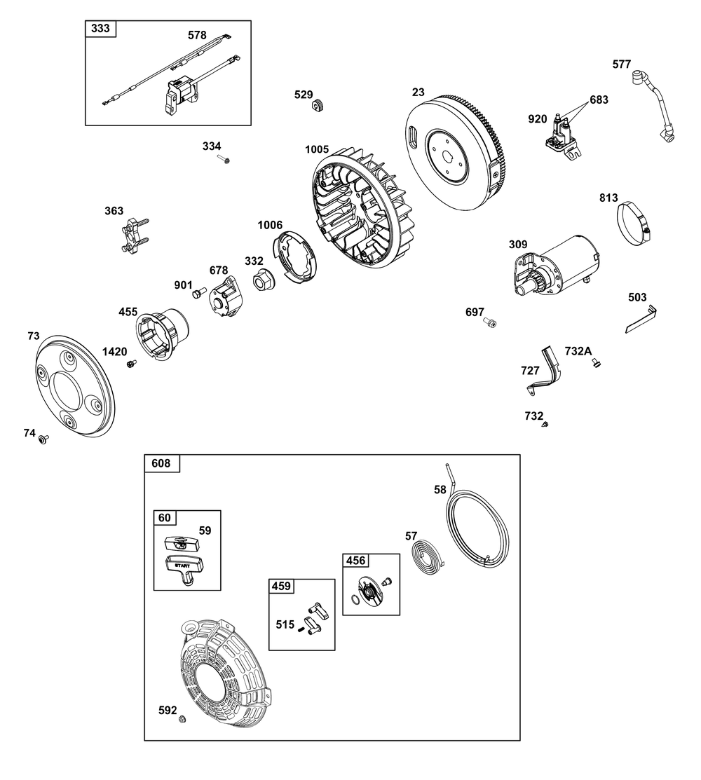 Flywheel, Ignition, And Starter Group Diagram and Parts List for 386447-0189-B5 200000 - 399999 Briggs and Stratton Engine